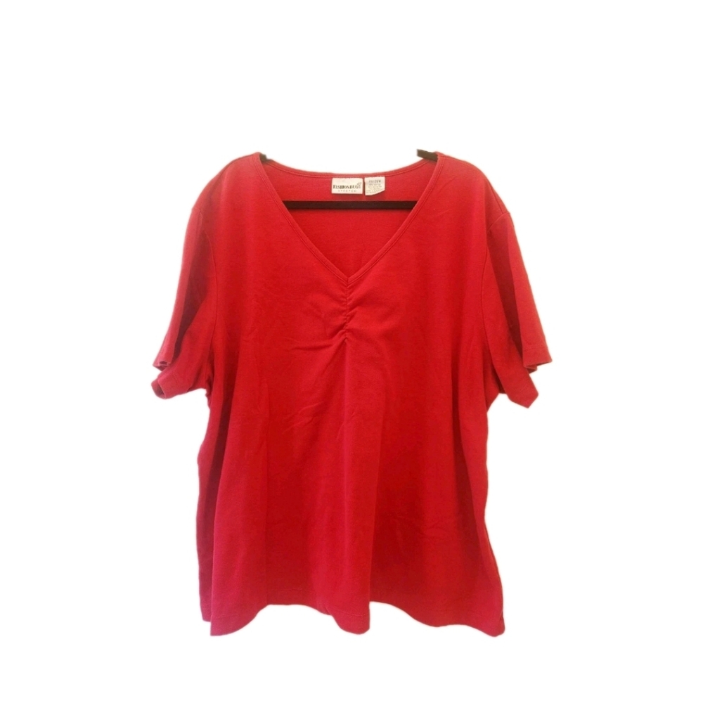 Fashion Bug Plus Sized Bright Red V-Neck T-Shirt W/Shirred Chest